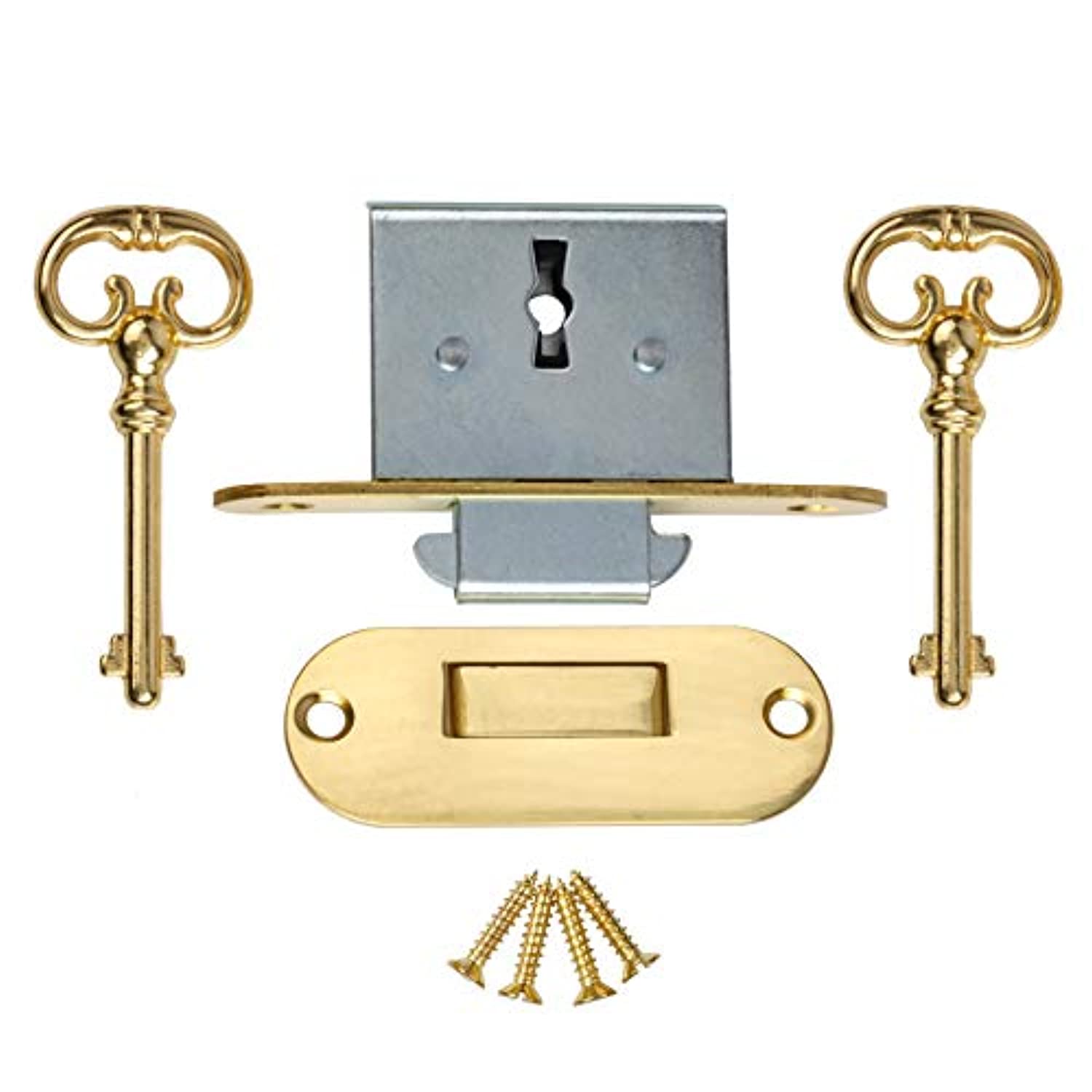 Full Mortise Cabinet Door or Drawer Lock W/Plate and Skeleton Key - Antique Furniture Hardware | UA-035-L