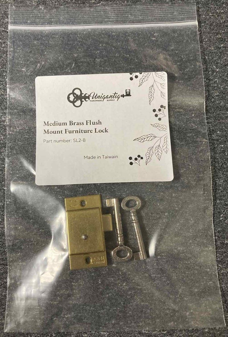 Medium Brass Flush Mount Lock Set for Grandfather Clock, Cabinet Door or Dresser Drawer