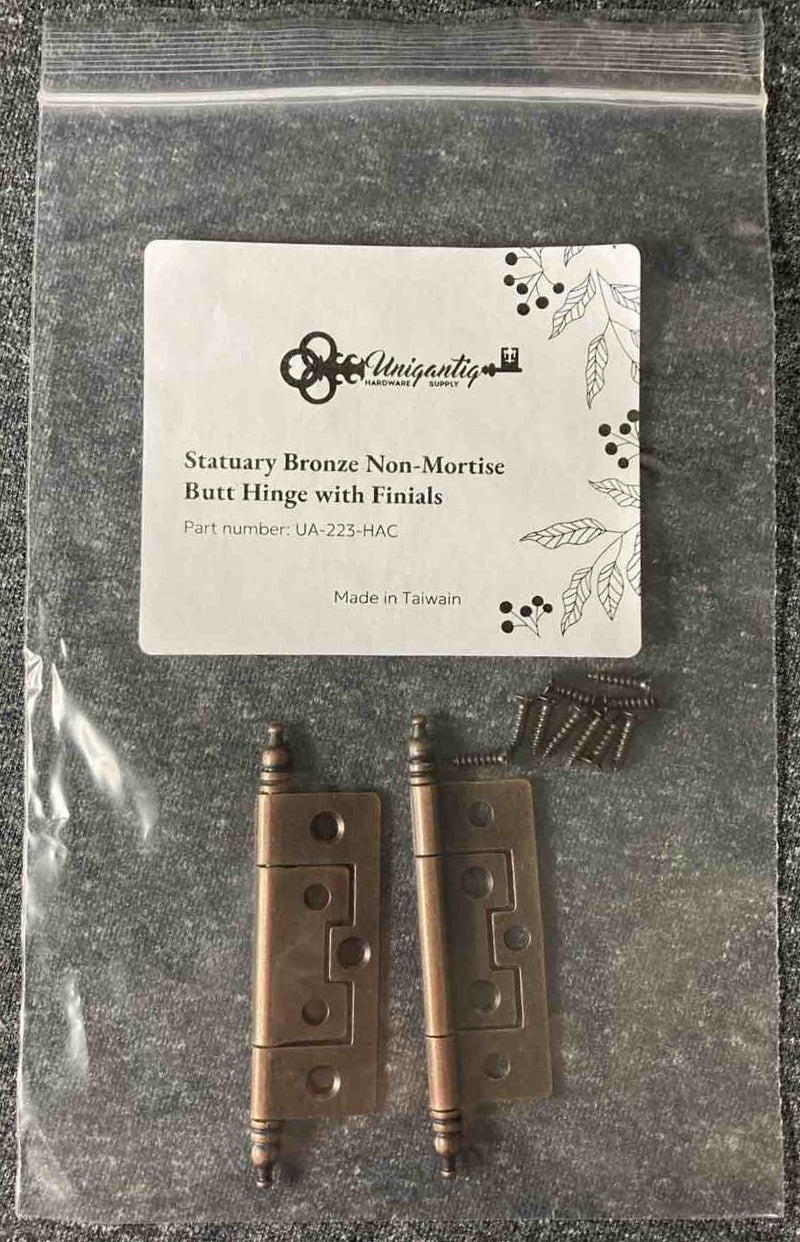 Statuary Bronze Non-Mortise Butt Hinge with Steeple Finials |  3-5/8" High