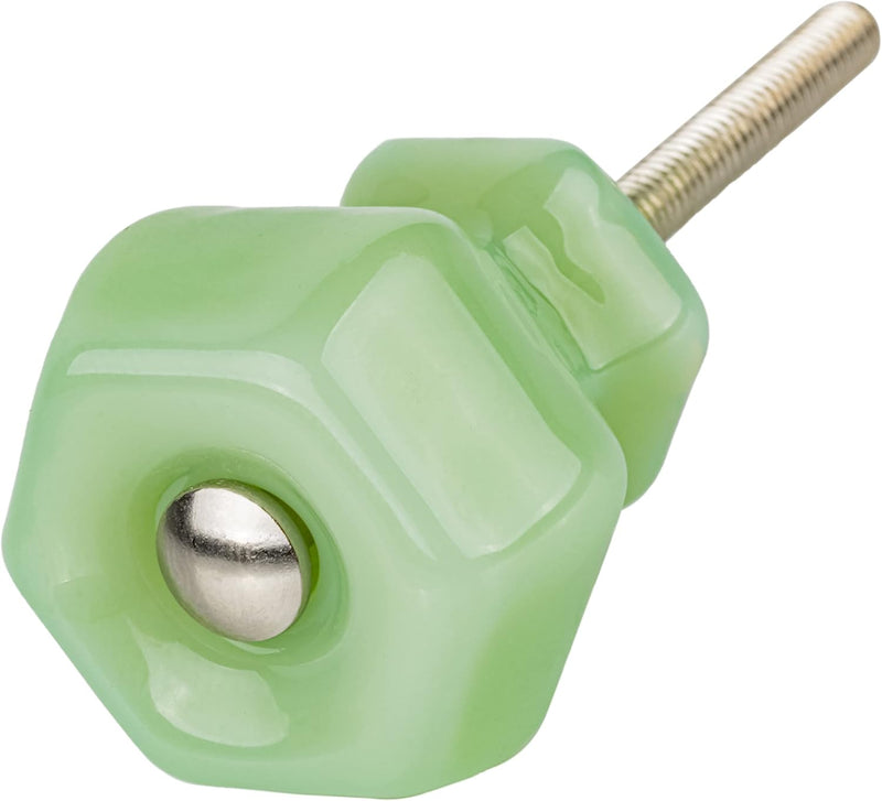 Hexagonal Depression Era Milk Green Glass Drawer Knob | Diameter: 1-1/4"