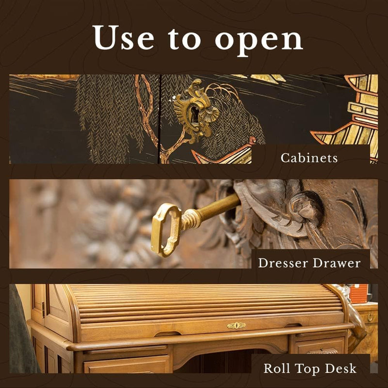 Brass & Antique Brass Hollow Barrel Skeleton Key Set Reproduction for Grandfather Clock Doors, Cabinet Doors, Dresser Drawers, Desk - Vintage, Old Furniture