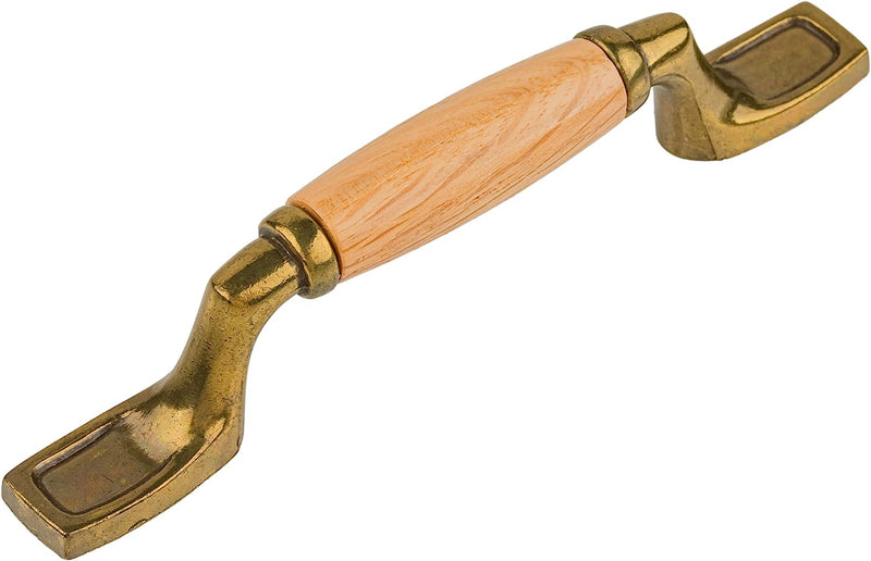 Antique Brass Finished with Oak Wood Insert Drawer Pull | Centers: 3"