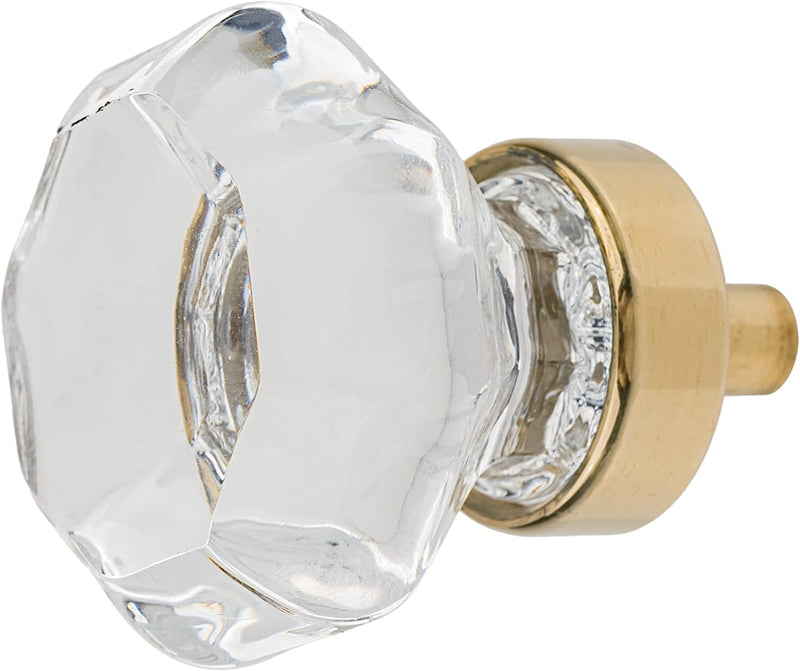 Octagonal Clear Glass Knob with Brass Base | Diameter: 1-1/4"
