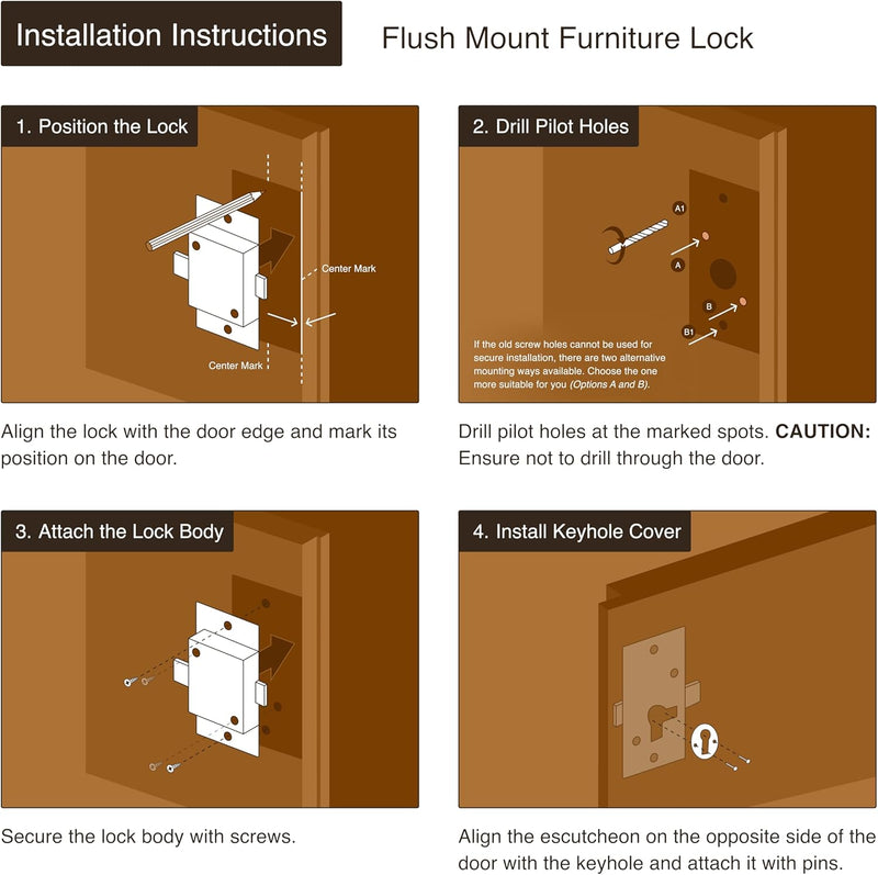 Extra Large Brass Flush Mount Lock Set for Grandfather Clock, Cabinet Door or Dresser Drawer