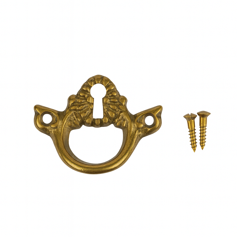 Horizontal Antique Brass Drawer Pull with Keyhole Cover - 2" x 1-5/8"