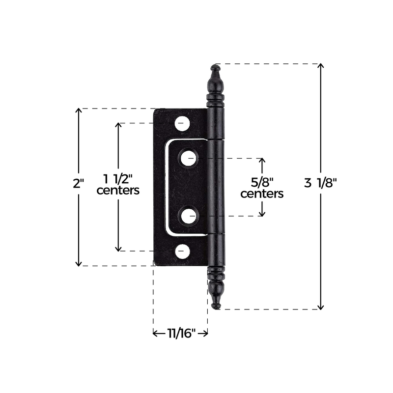 Flat Black Finished Non-Mortise Hinge with Finials | 2" High x 11/16" Wide