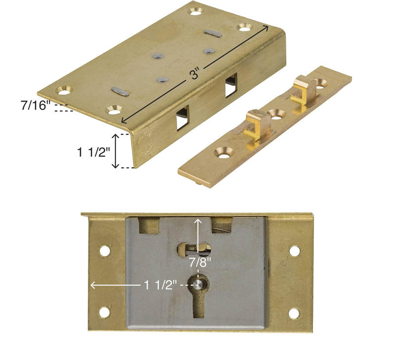 Extra Large Brass Half Mortise Chest or Box Lid Lock with Skeleton Key | Backset: 7/8"