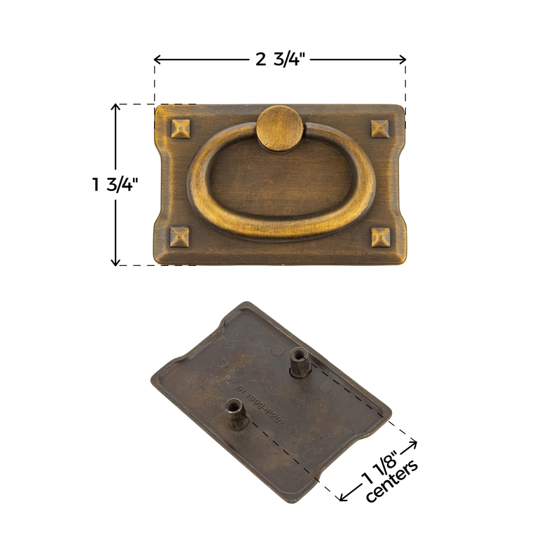 Small Mission Antique Brass Finished Drawer Ring Pull | Vertical Centers: 1-1/8"
