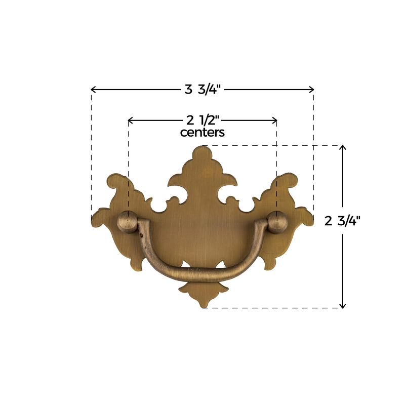 Chippendale Medium Antiqued Brass Drawer Bail Pull | Centers: 2-1/2" | Handle for Antique Cabinet Door, Dresser Drawer, Desk | Reproduction Furniture Hardware
