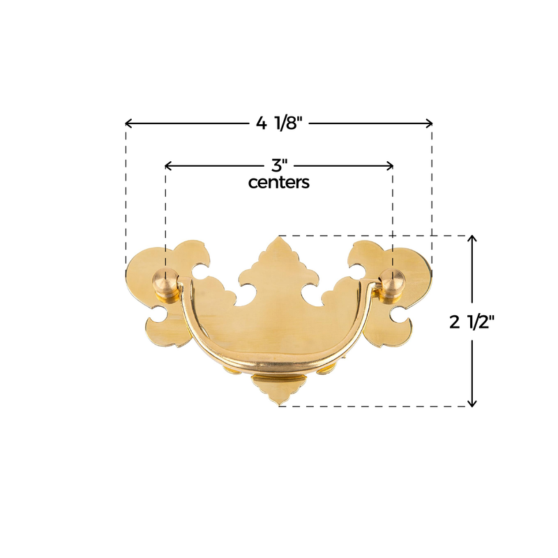 Chippendale Polished Brass Drawer Bail Pull | Centers: 3" | Handle for Antique Cabinet Door, Dresser Drawer, Desk | Reproduction Furniture Hardware