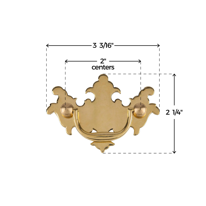 Chippendale Small Polished Brass Drawer Bail Pull | Centers: 2" | Handle for Antique Cabinet Door, Dresser Drawer, Desk | Reproduction Furniture Hardware