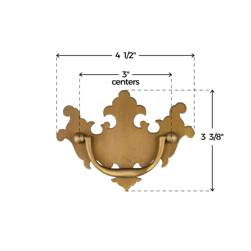 Chippendale Medium Antiqued Brass Drawer Bail Pull | Centers: 3" | Handle for Antique Cabinet Door, Dresser Drawer, Desk | Reproduction Furniture Hardware