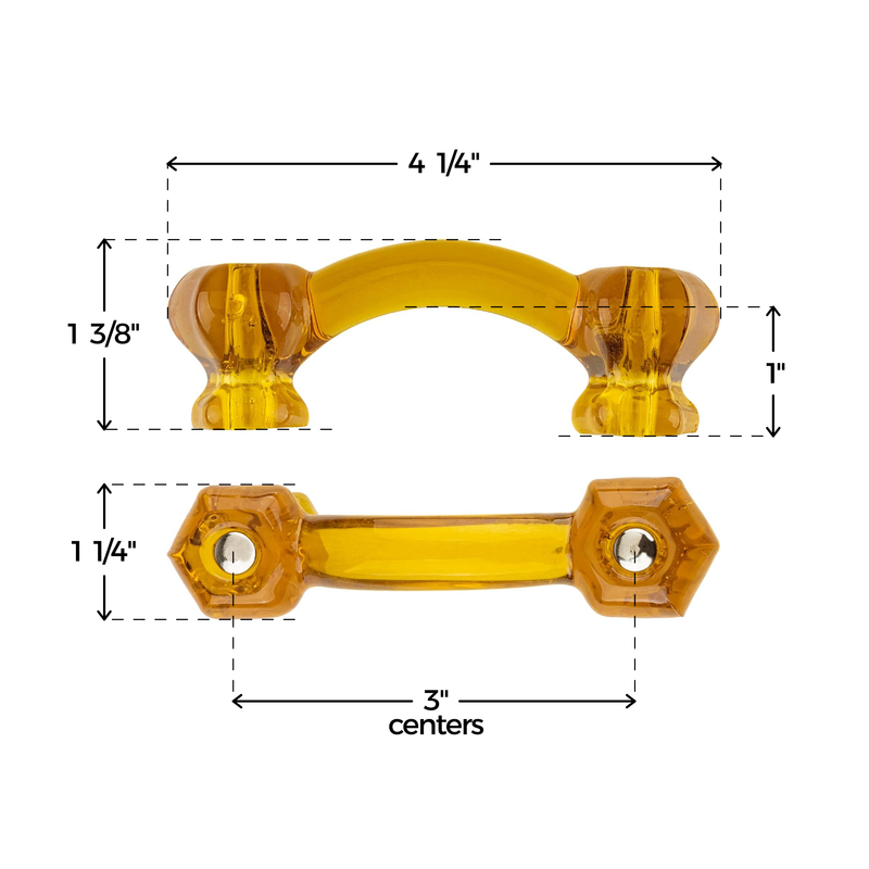 Depression Era Hexagonal Honey Amber Glass Drawer Pull | Centers: 3"
