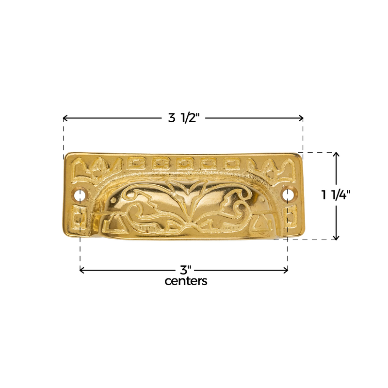 Eastlake Style Heavy Brass Drawer Bin Pull | Centers: 3"