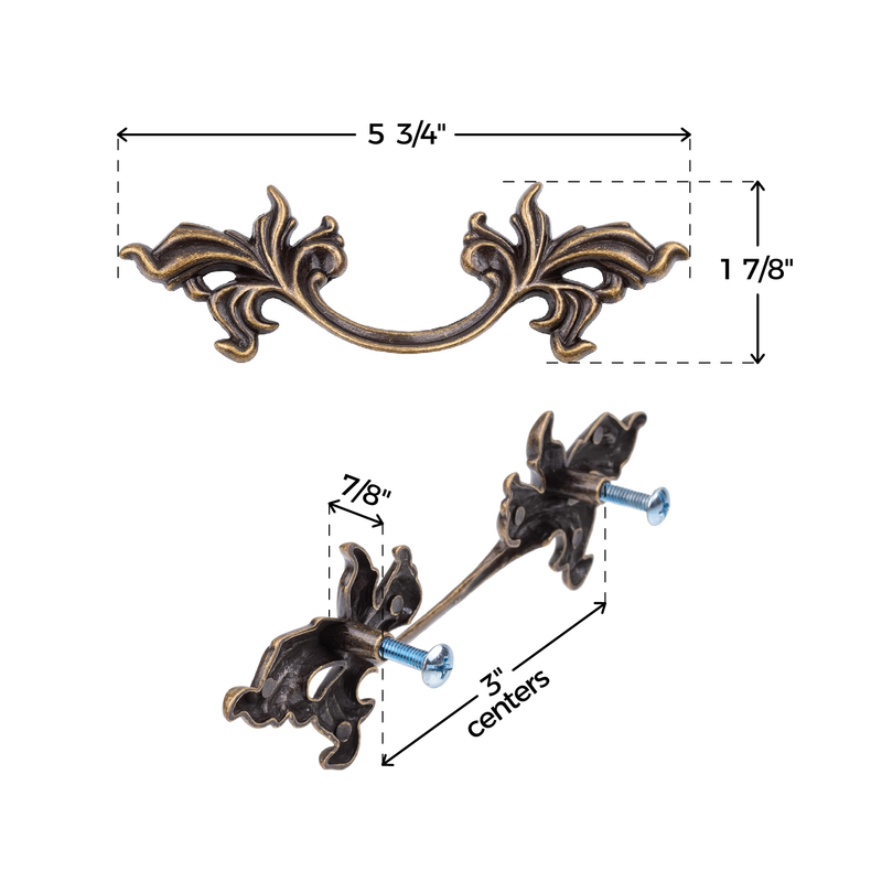 French Provincial Leaf Antique Brass Finished Drawer Pull | Centers: 3"