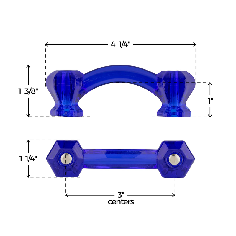 Depression Era Hexagonal Cobalt Blue Glass Drawer Pull | Centers: 3" | Bridge Handle for Antique Cabinet Door, Dresser Drawer, Desk | Reproduction Furniture Hardware