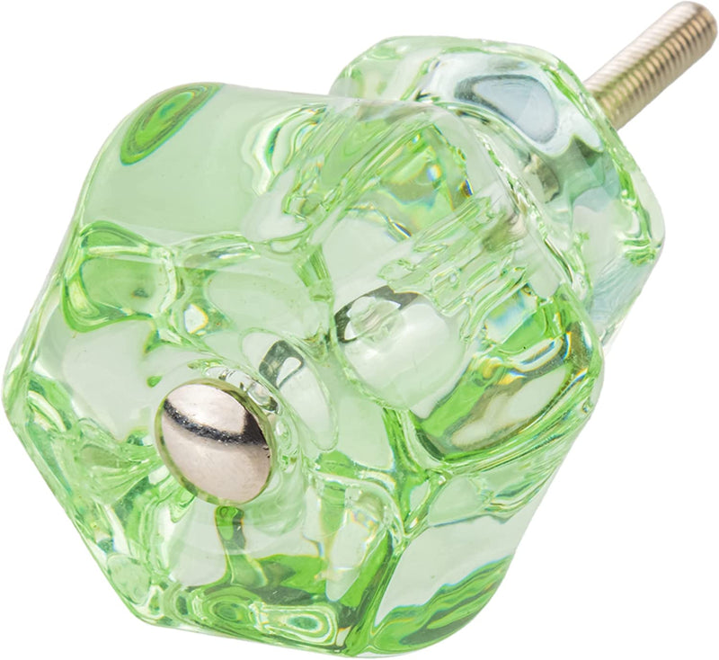 Depression Era Hexagonal Transparent Green Glass Drawer Knob | Diameter: 1-1/2"