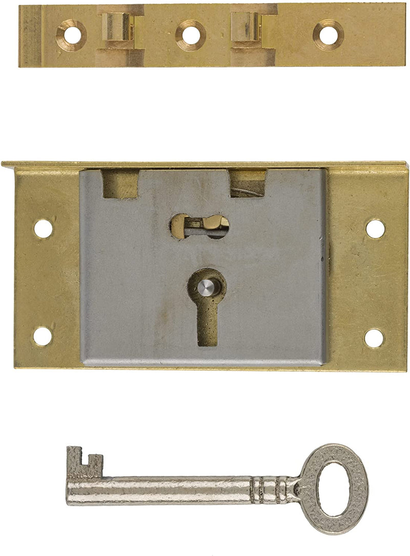 Extra Large Brass Half Mortise Chest or Box Lid Lock with Skeleton Key | Backset: 7/8"