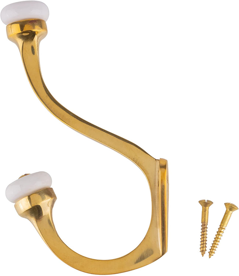 Polished Brass Double Coat Hook Hanger with Ceramic Knobs
