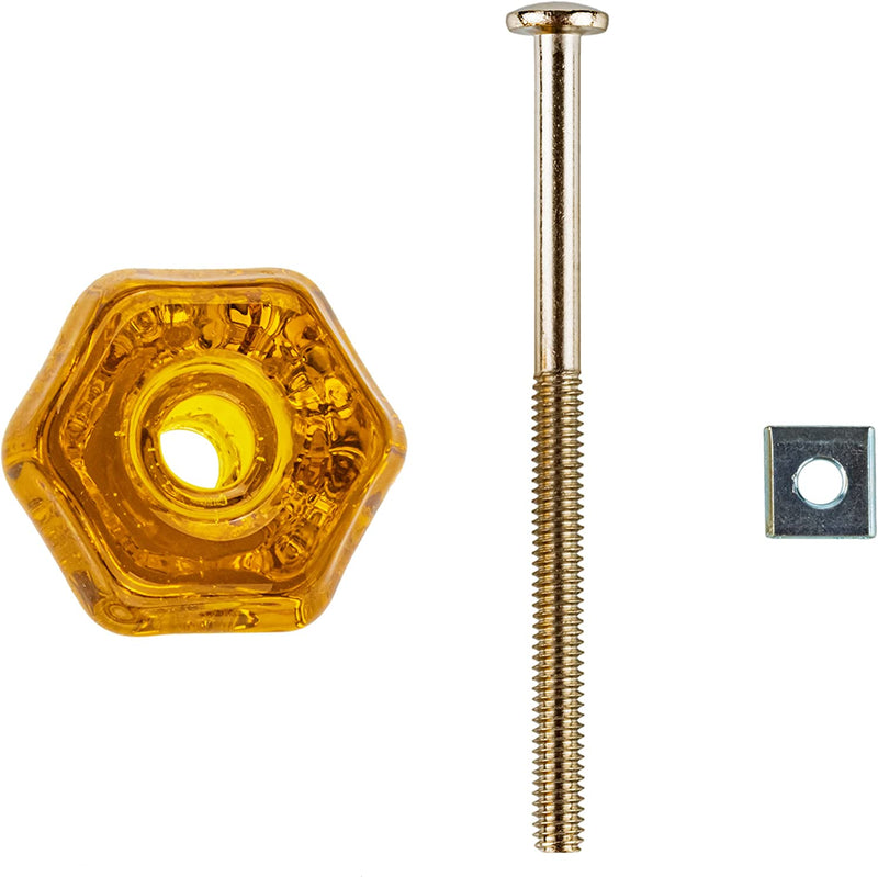 Depression Era Hexagonal Honey Amber Glass Drawer Knob | Diameter: 1 1/4"