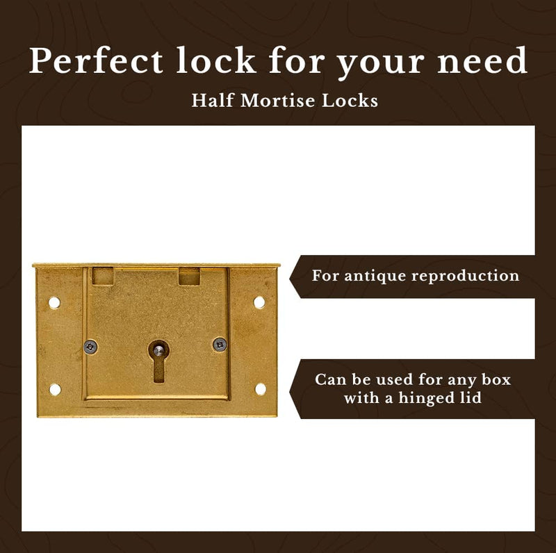 Large Brass Half Mortise Chest or Box Lid Lock w/Two Skeleton Keys | Backset: 1-1/4"