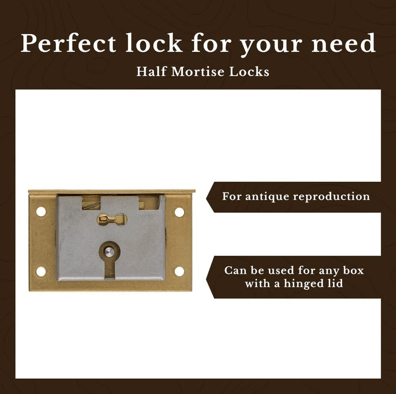 Medium Brass Half Mortise Chest or Box Lock with Skeleton Key | Backset: 1"