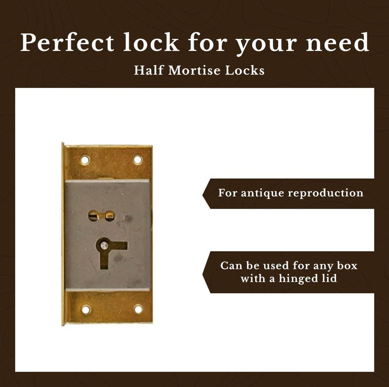 Small Right Hand Cabinet Door or Drawer Brass Plated Half Mortise Lock with Two Skeleton Keys
