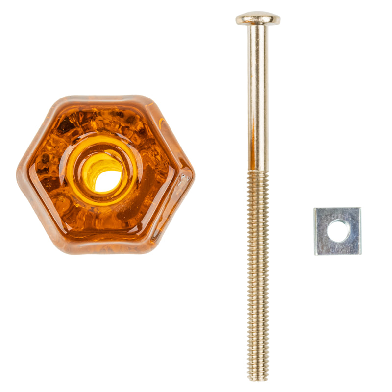 Hexagonal Depression Era Amber Glass Drawer Knob | Diameter: 1-1/4"