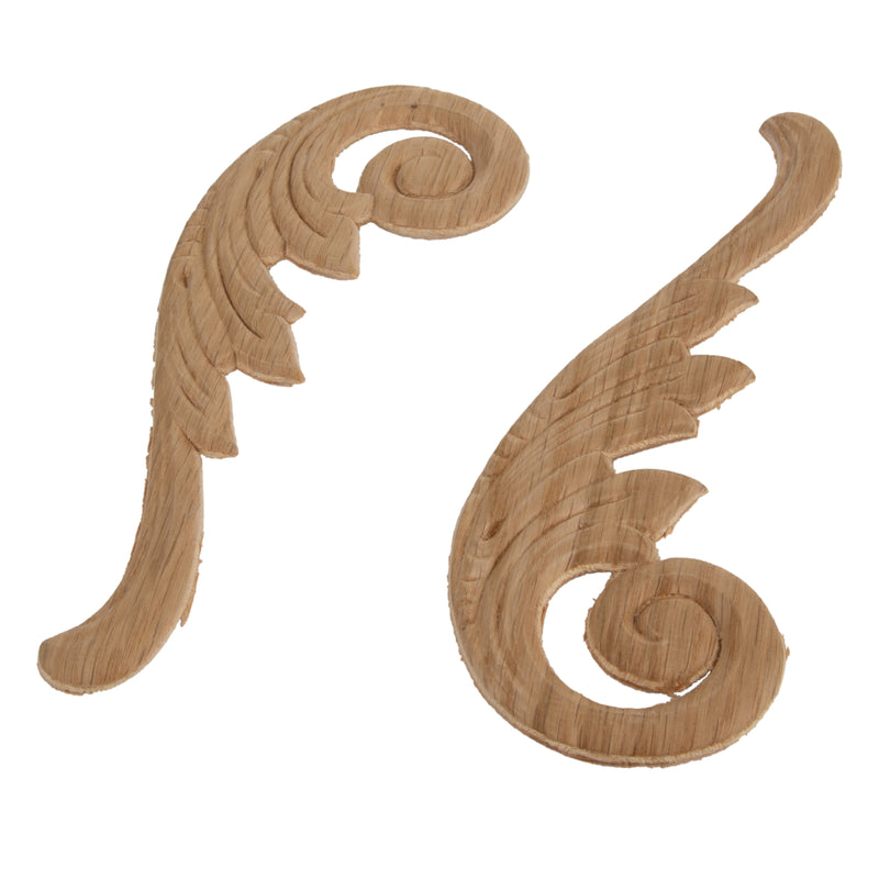 Feather Scroll Oak Wood Applique | Come in Pairs | 3" x 7 1/2"