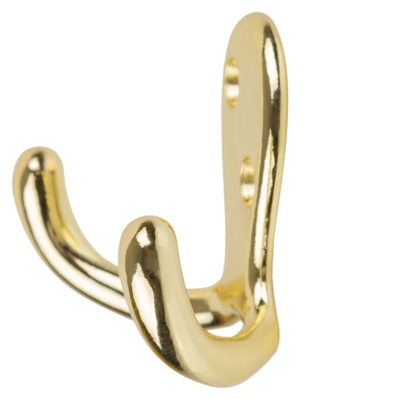 Bright Brass Finished Double Prong Coat Hook | 2-3/4" x 2"