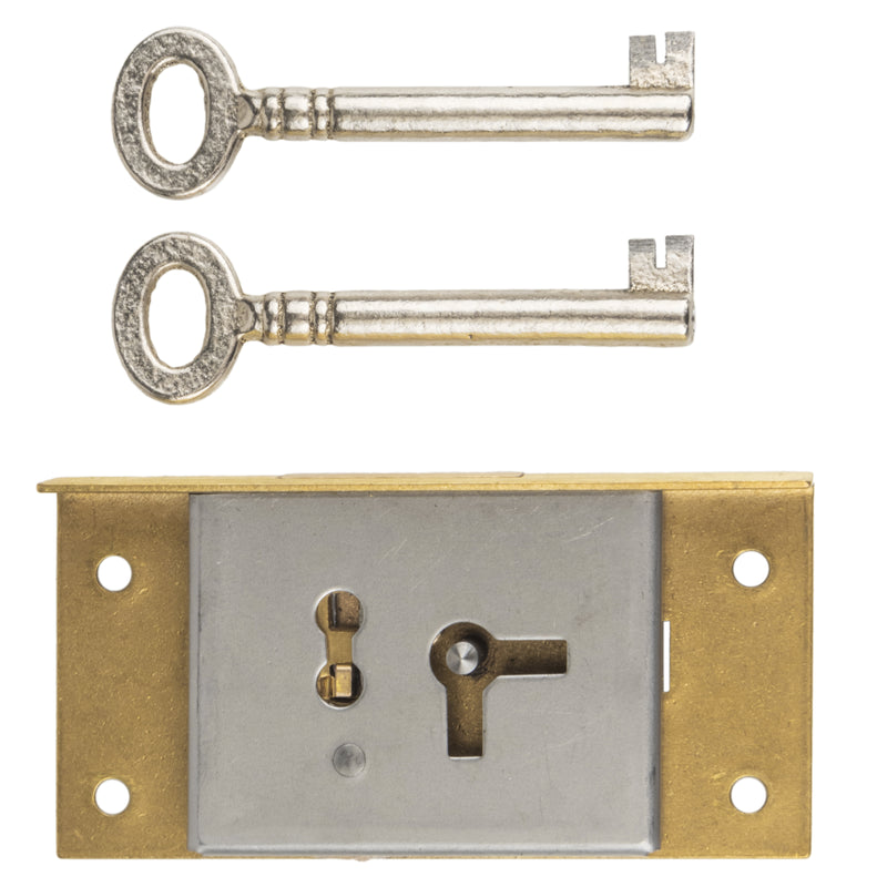 Brass Half Mortise Lock with Two Skeleton Keys for Left Hand Cabinet Door or Drawer