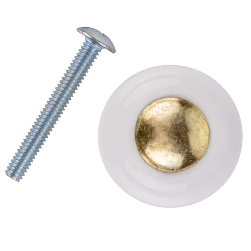 White Porcelain with Bright Brass Button Center and Base Knob | Diameter: 3/4"