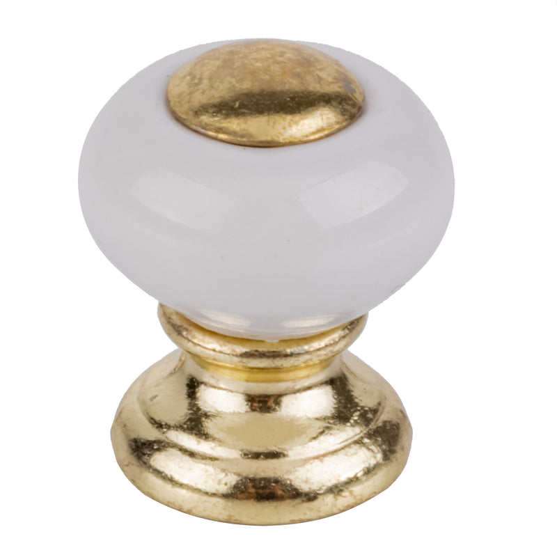 White Porcelain with Bright Brass Button Center and Base Knob | Diameter: 3/4"