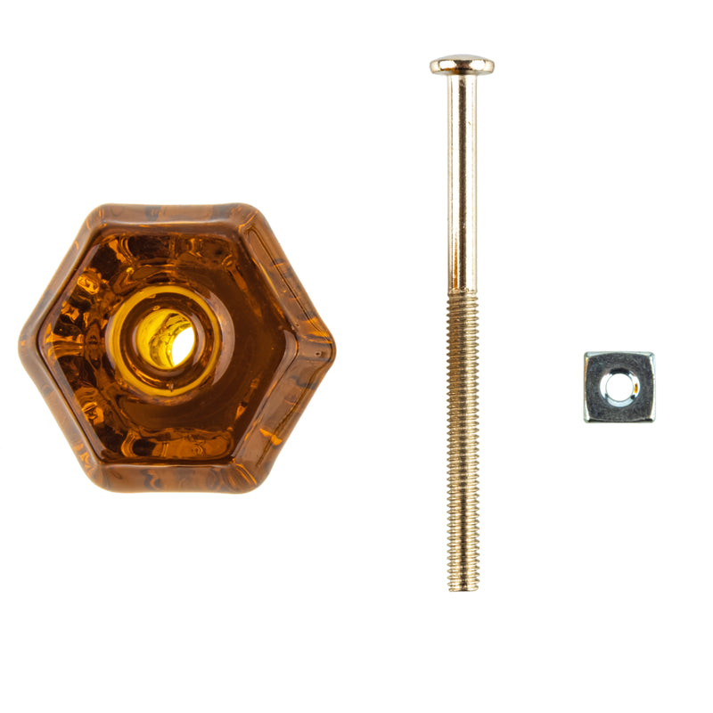 Hexagonal Depression Era Amber Glass Drawer Knob | Diameter: 1-1/2"