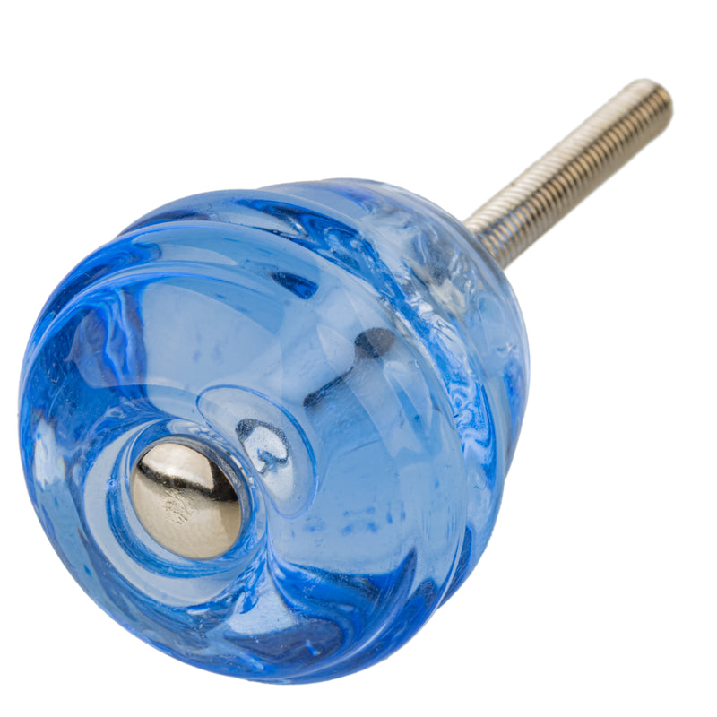 Art Deco Barrel Clear Ice Blue Glass Drawer Knob | Diameter: 1-1/8"