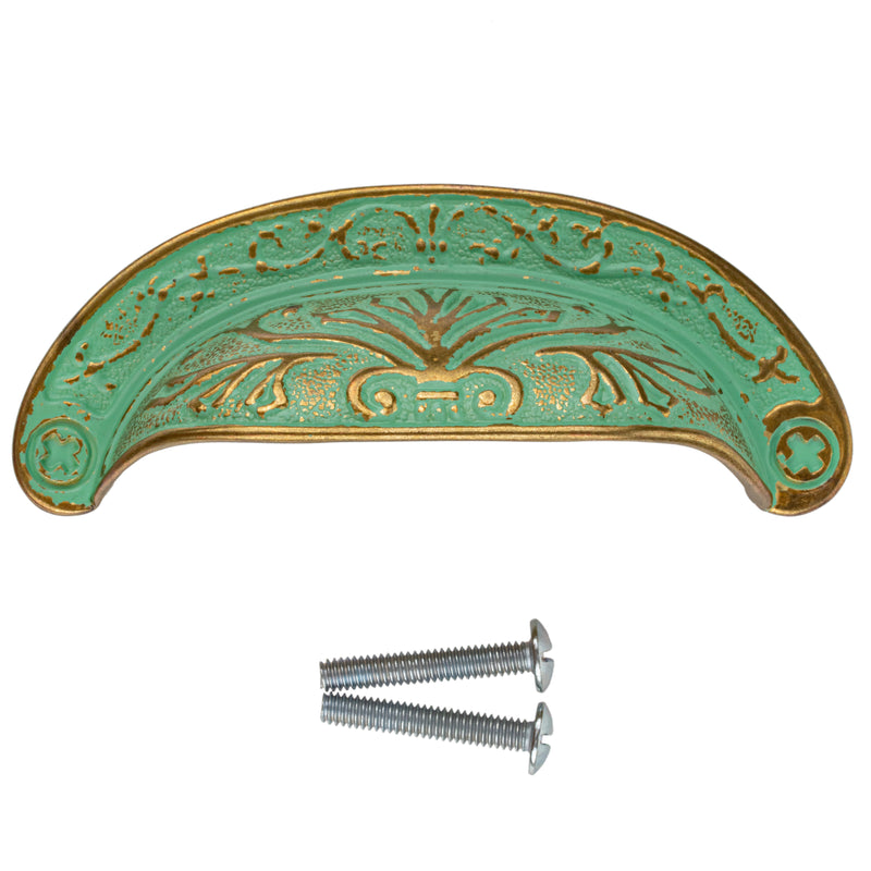 Baroque Style Scroll Pattern Verdigris Finished Drawer Bin Pull | 2-1/2"