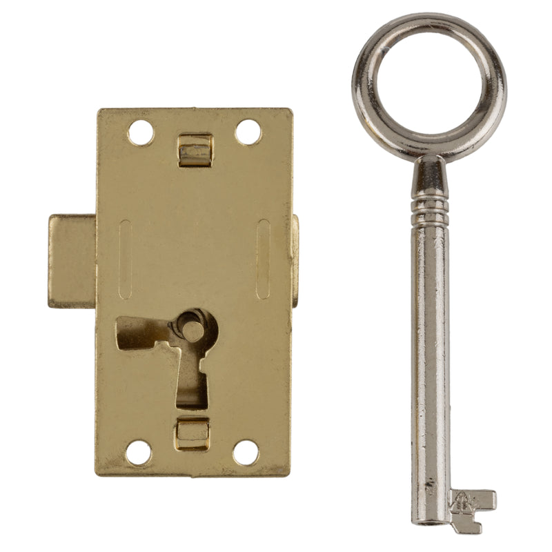 Medium Brass Plated Flush Mount Lock for Cabinet Doors or Dresser Drawers  w/Skeleton Key | UA-037-L