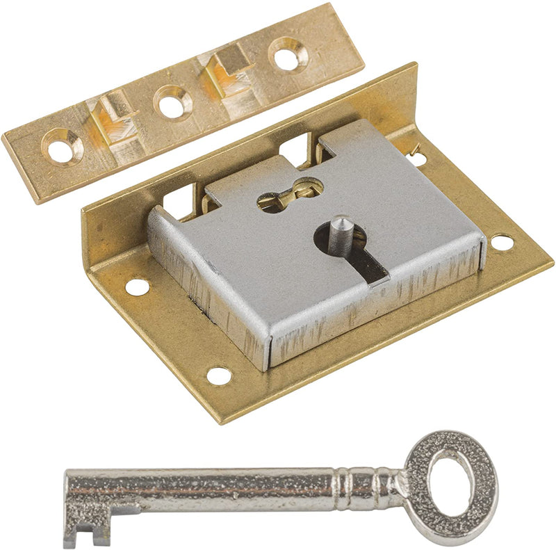 Medium Brass Half Mortise Chest or Box Lock with Skeleton Key | Backset: 1"
