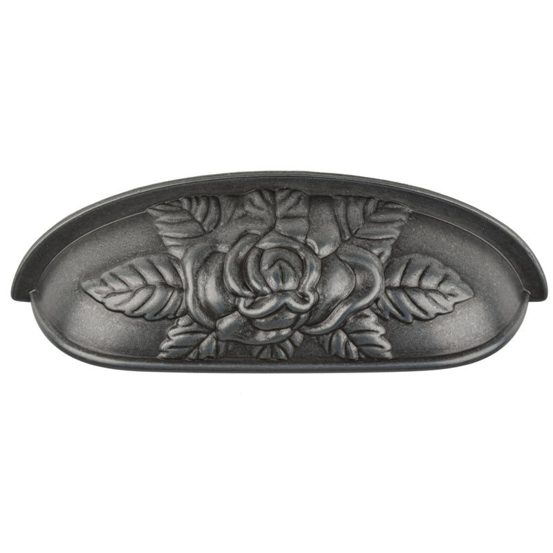 Victorian Period Rose Pattern Antique Pewter Finished Bin Pull | Centers: 3-3/4"