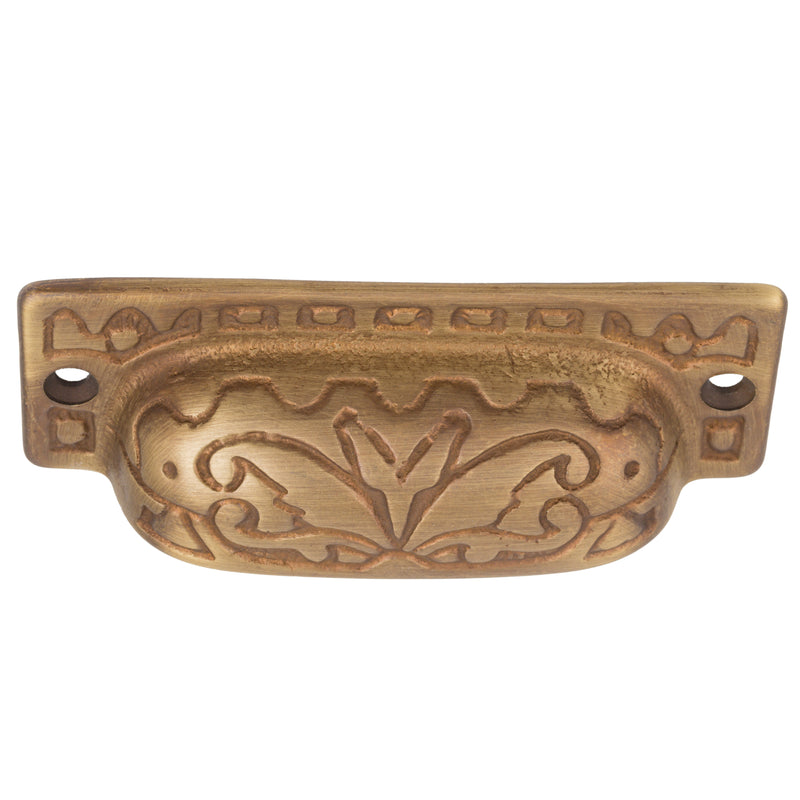 Eastlake Style Heavy Antiqued Brass Drawer Bin Pull | Centers: 3"